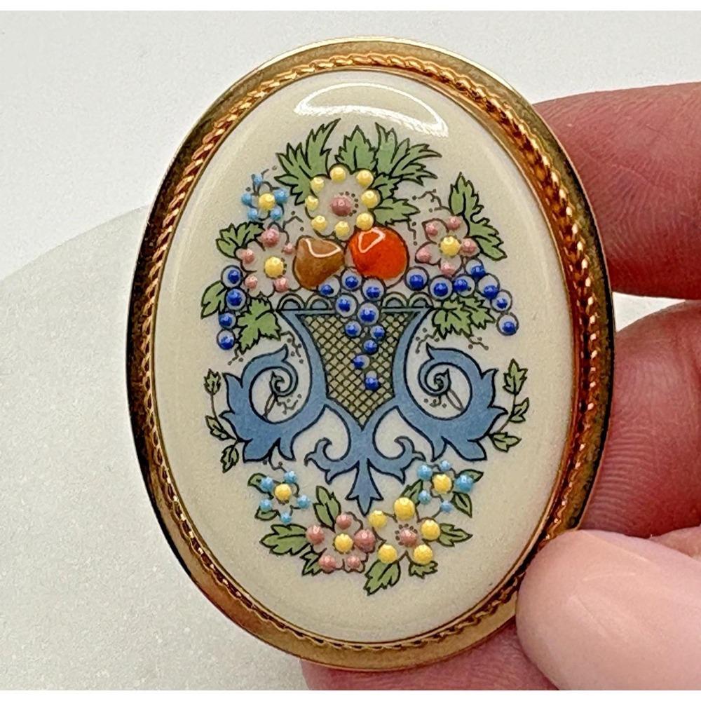 Vintage Lenox Gold Filled Porcelain Brooch Pendant Fine Enamel Floral Flowers
